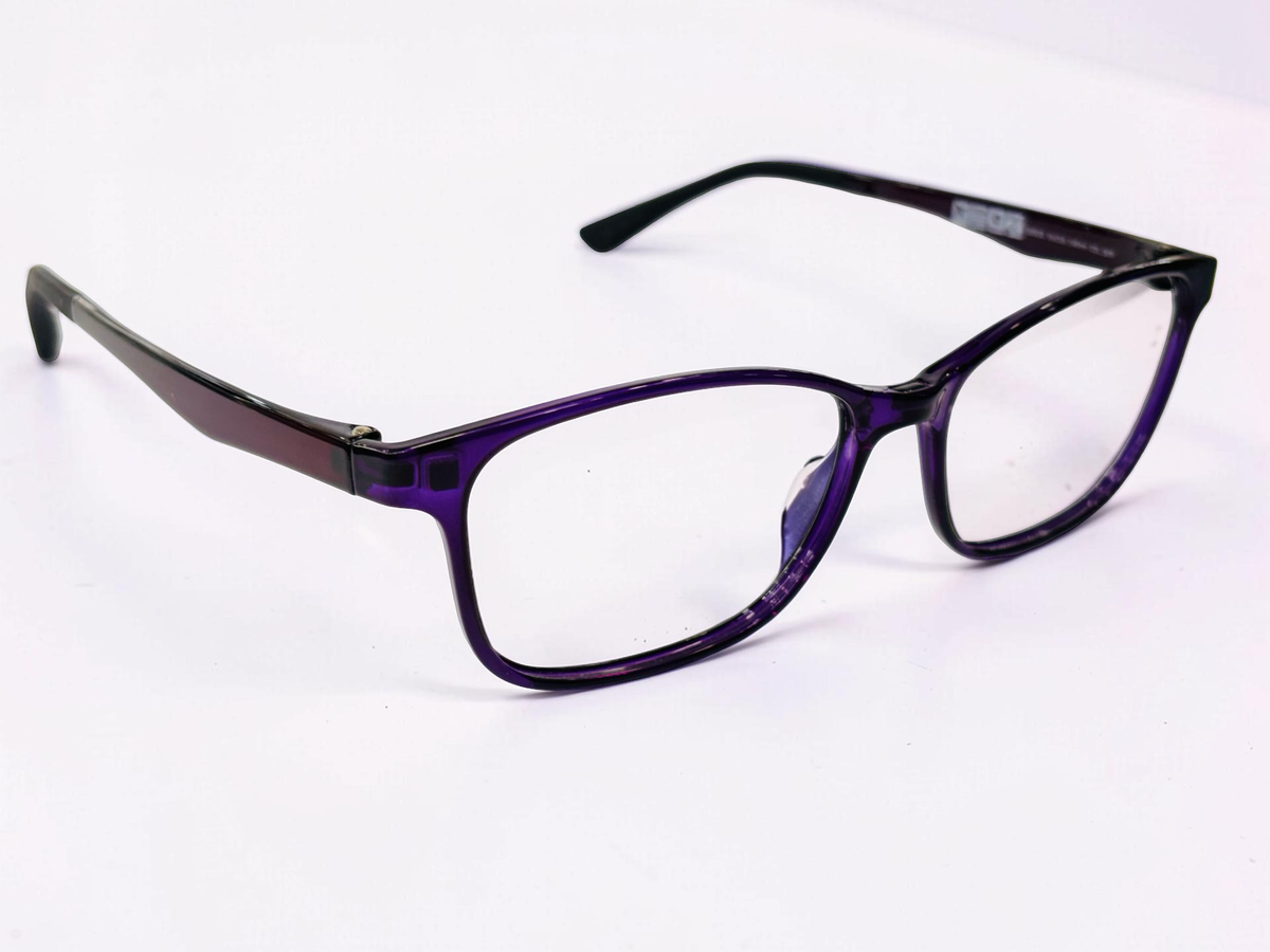 Purple eyeglasses and matching detachable mirrored sunglass clip