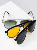 Front view of black metal aviator clip-on frame with clear lenses