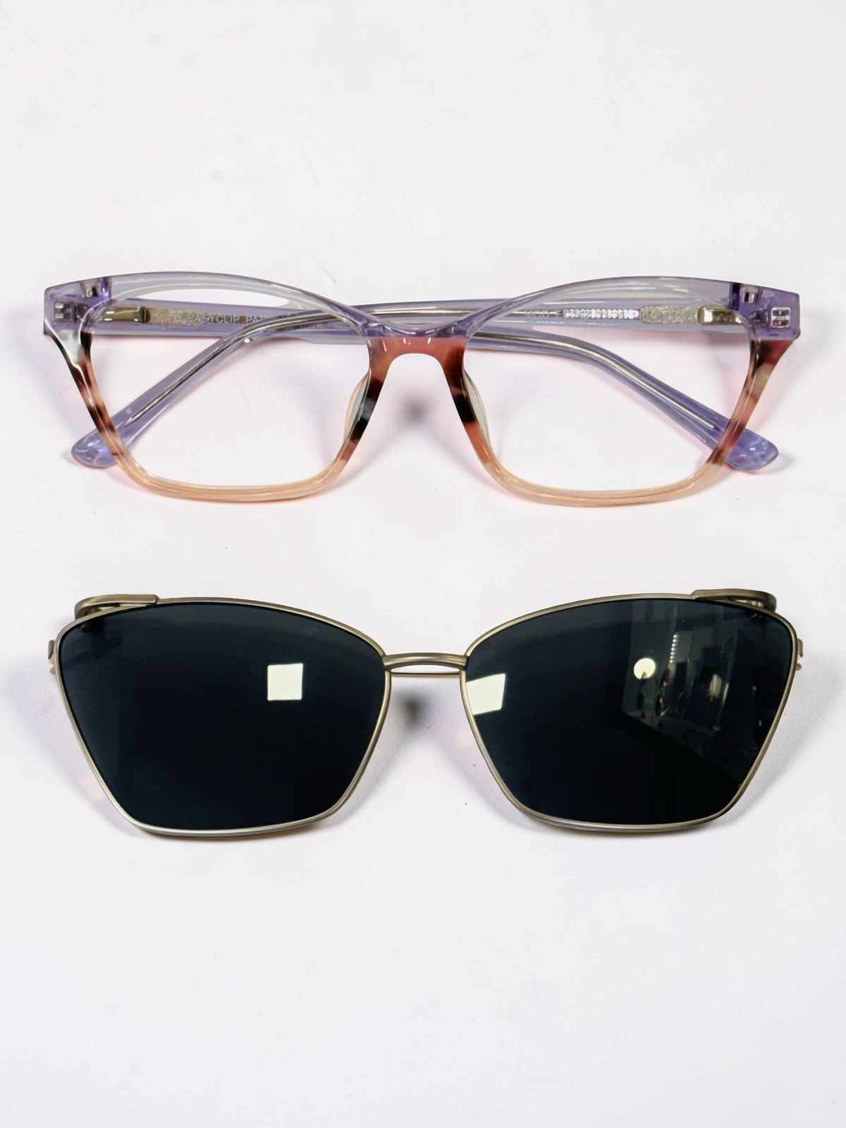 Ladies grey cat-eye clip-on frames, side angled view