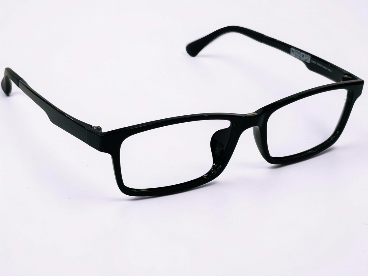 Open frame with black temples and clip-on attachment