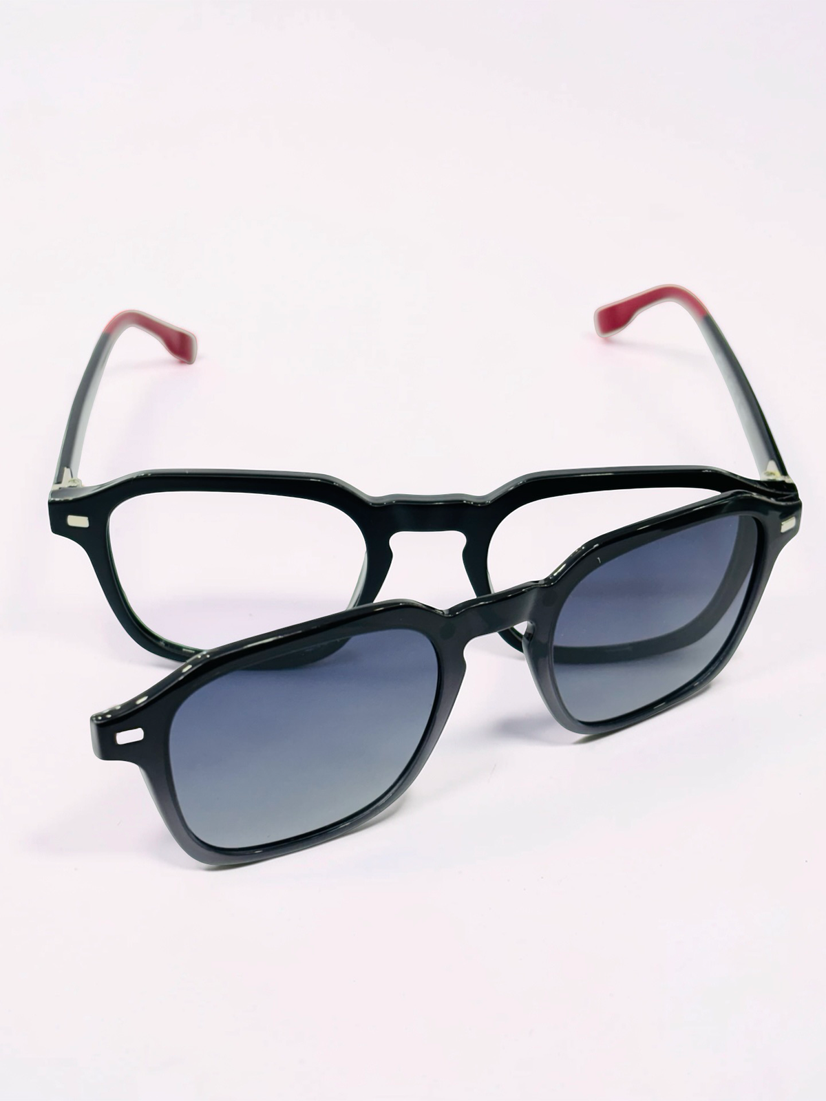 Clip-On Sunglasses - APC001 | Black & Burgundy | Square | Medium Fit