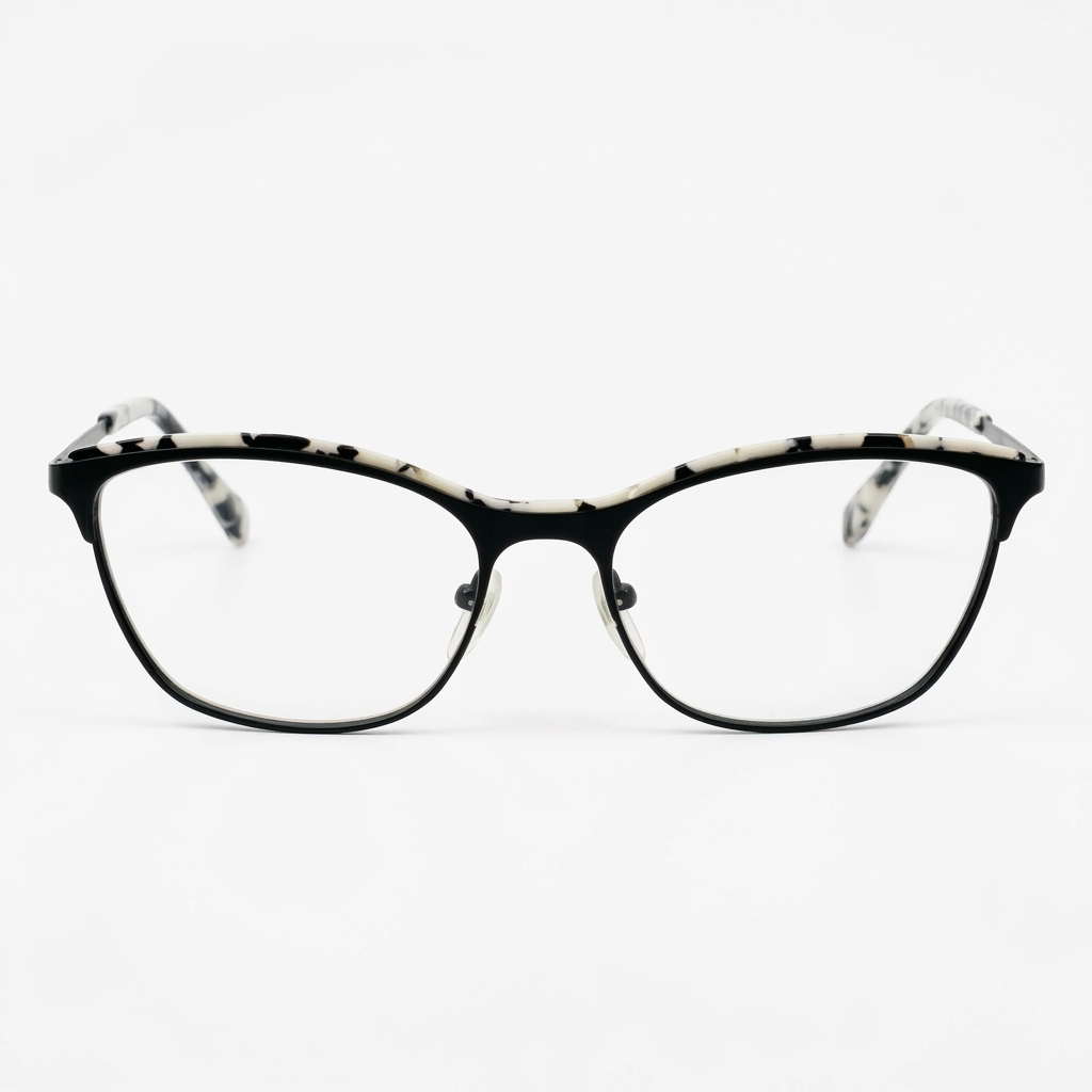 Ladies Black & Ivory Marble Cat-Eye Stainless Steel Frame