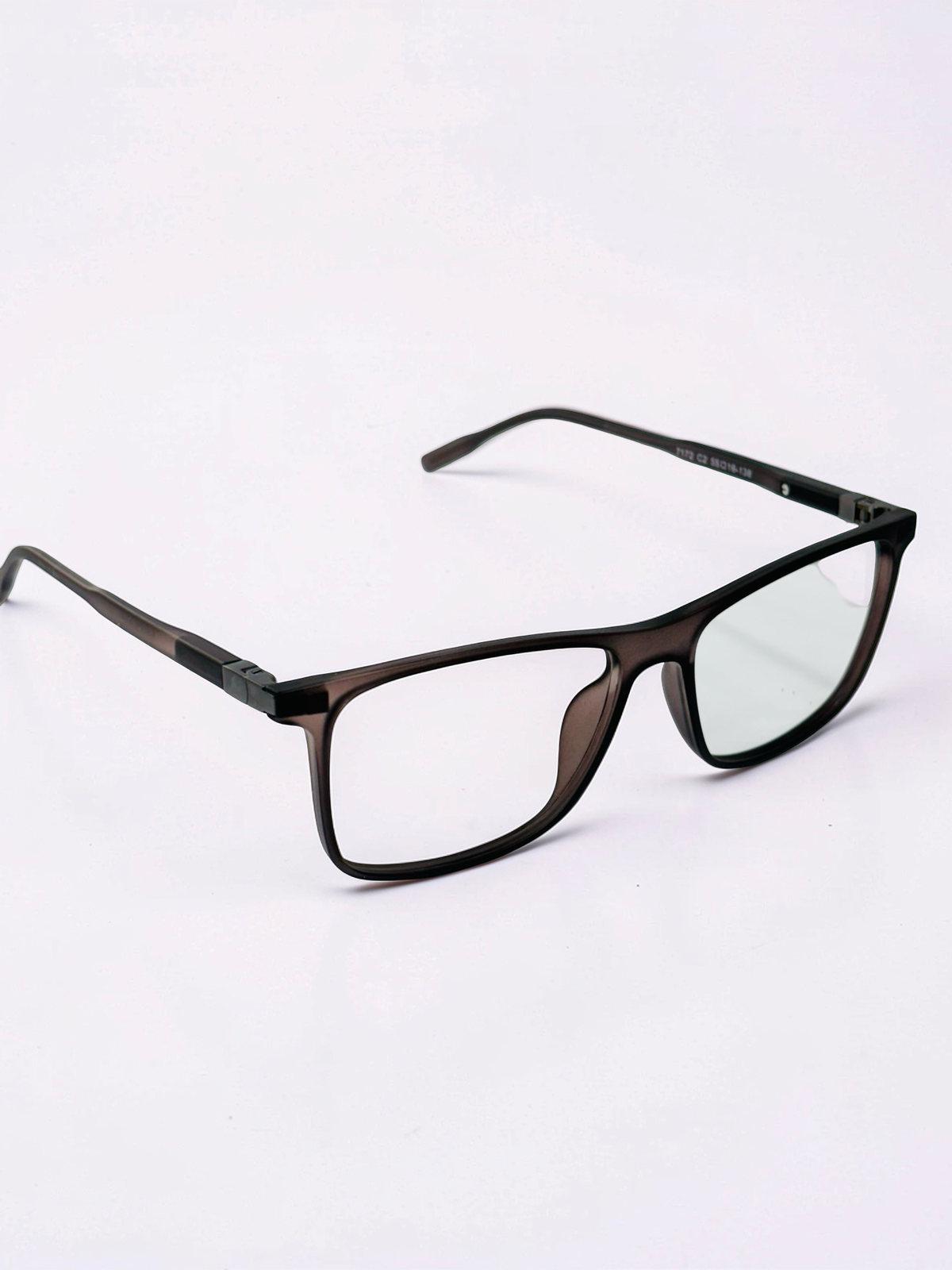 Rear angle of translucent rectangular eyeglass frame