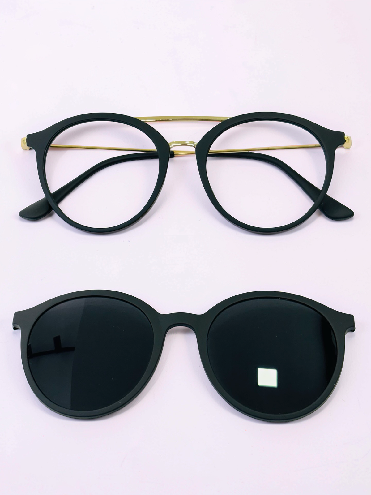 Black optical frame and detachable dark polarized clip