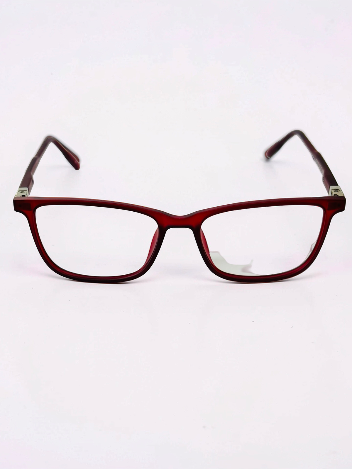 Wine red frame with clip attached, three-quarter view