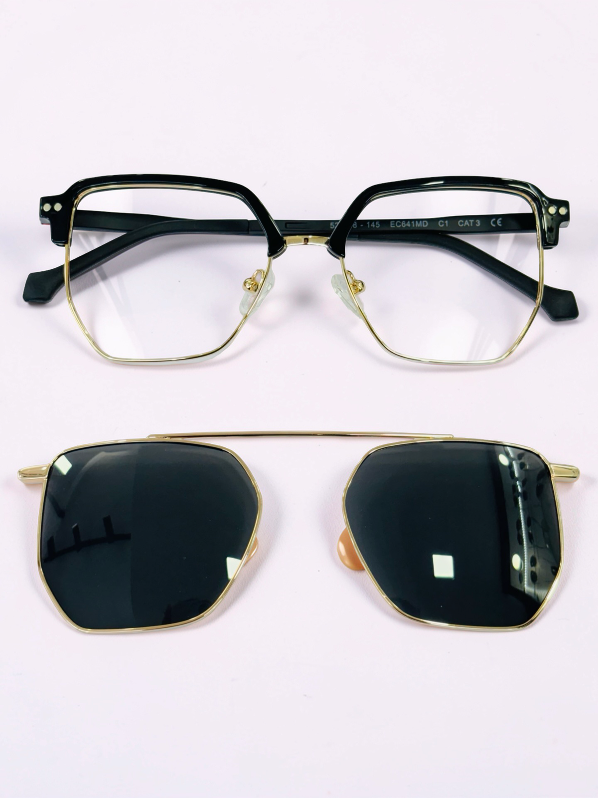 Clip-On Sunglasses - EC641MD | Black & Gold | Geometric Browline | Medium Fit