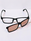 Black rectangular optical frame with dark tinted clip-on lens