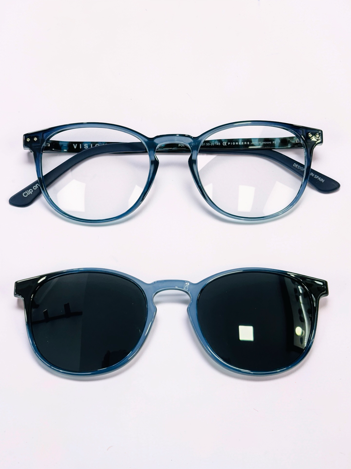 Clip-On Sunglasses - Vision Pioneers | Transparent Teal Blue | Round-Square | Medium Fit