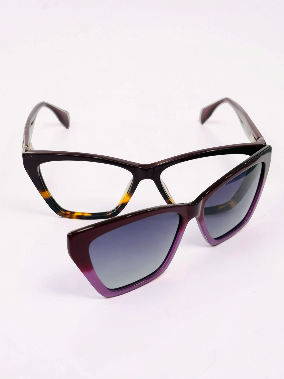 Angled view of burgundy tortoiseshell cat-eye frame
