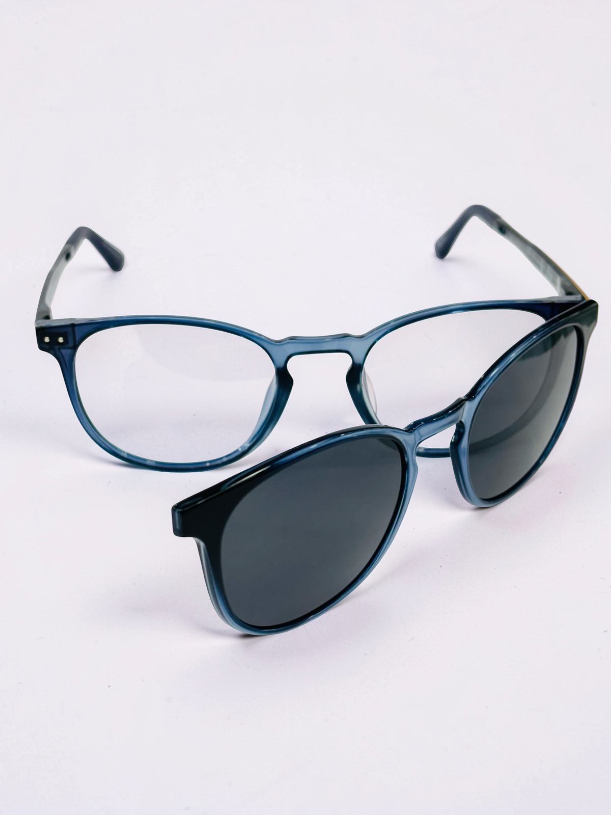 Clip-On Sunglasses - Vision Pioneers | Transparent Teal Blue | Round-Square | Medium Fit