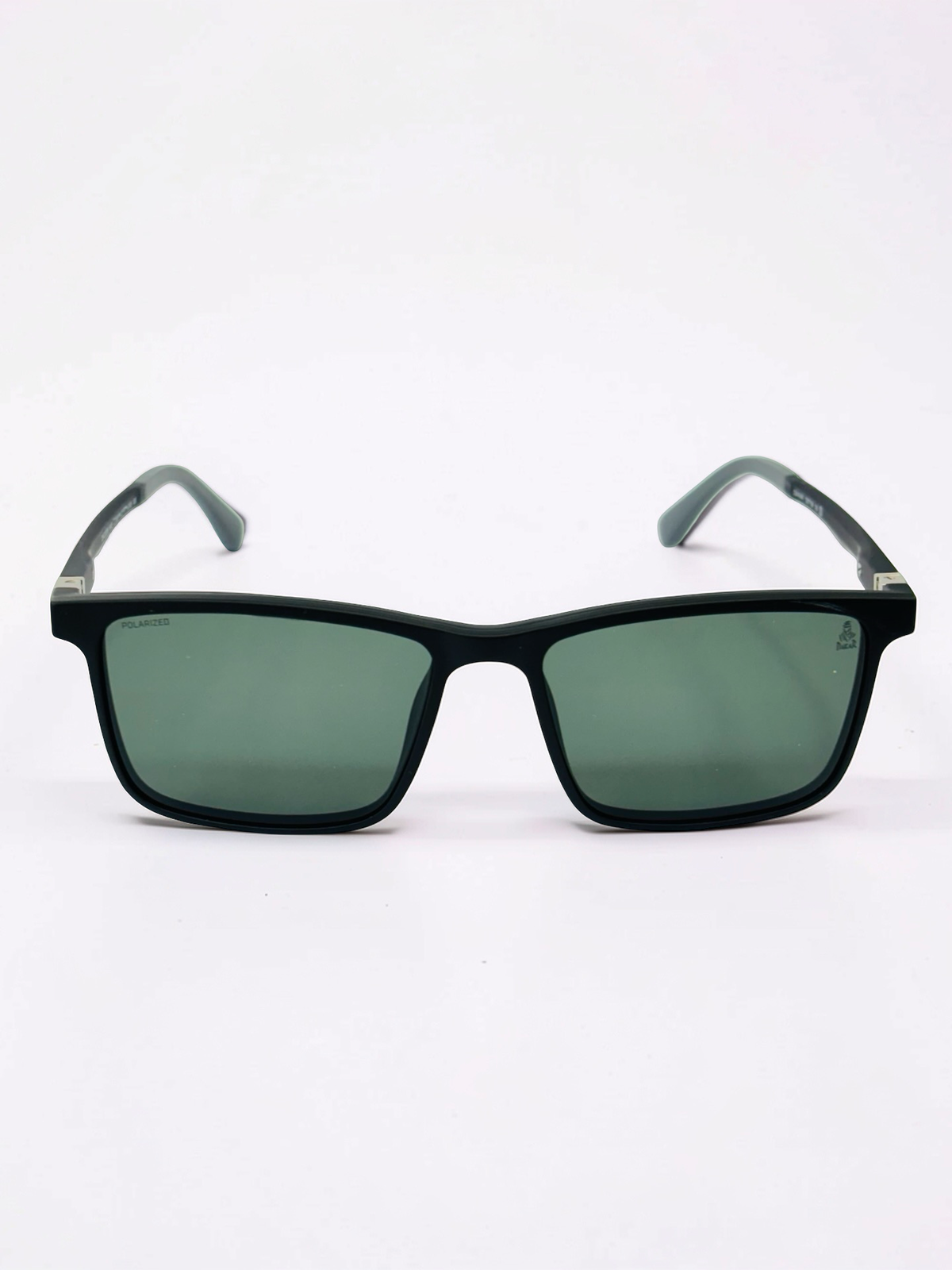 Black square clip-on frame with polarized clip attached, three-quarter view
