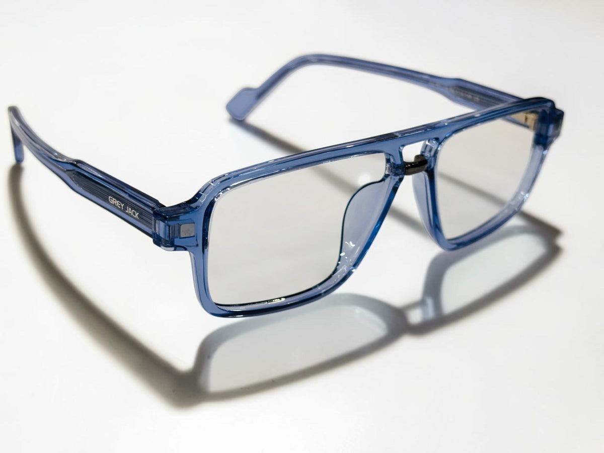Top-down view of the blue frame with clear lenses