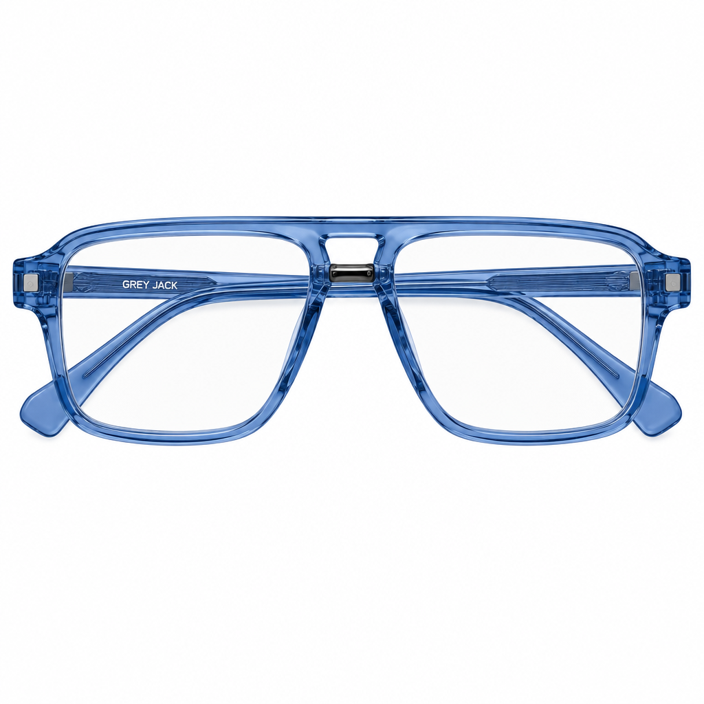 Unisex Blue Square Aviator Clip-On Frames with 3 Interchangeable Sun Clips (Medium)