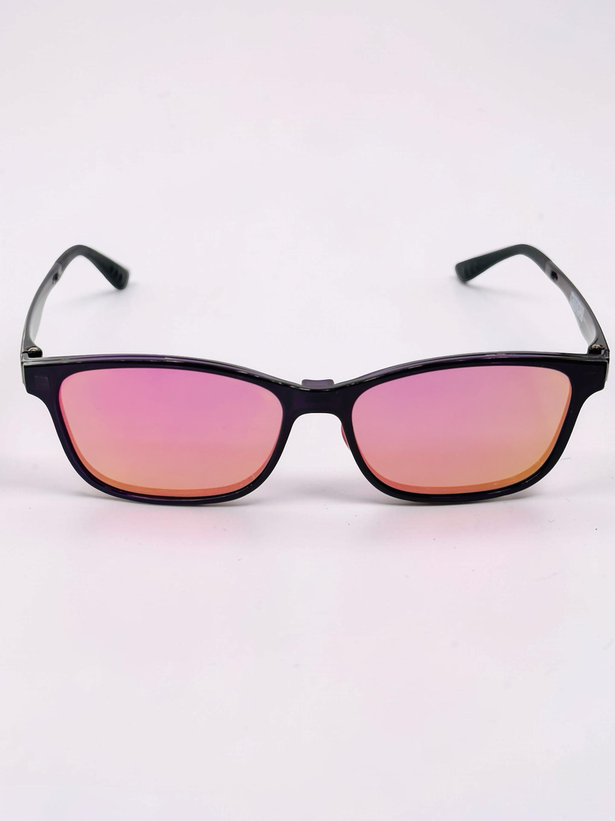 Temple marking on translucent purple eyeglass frame