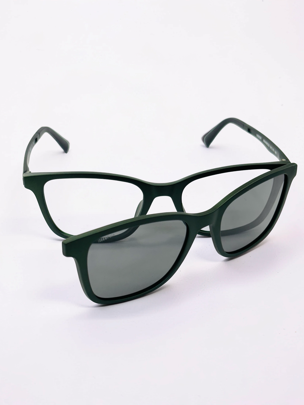 Side view of olive green ULTEM clip-on frame