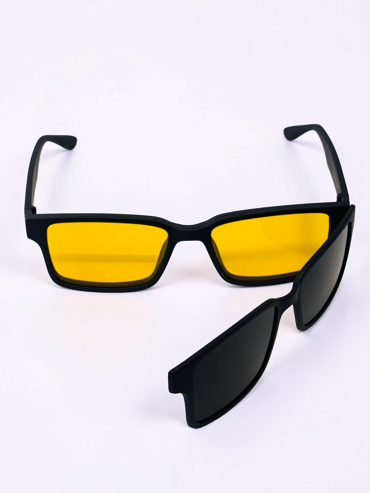 Angled view of black square optical frame
