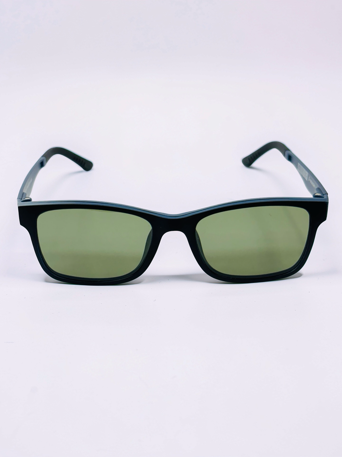Black frame and detachable green-tinted sunglass clip