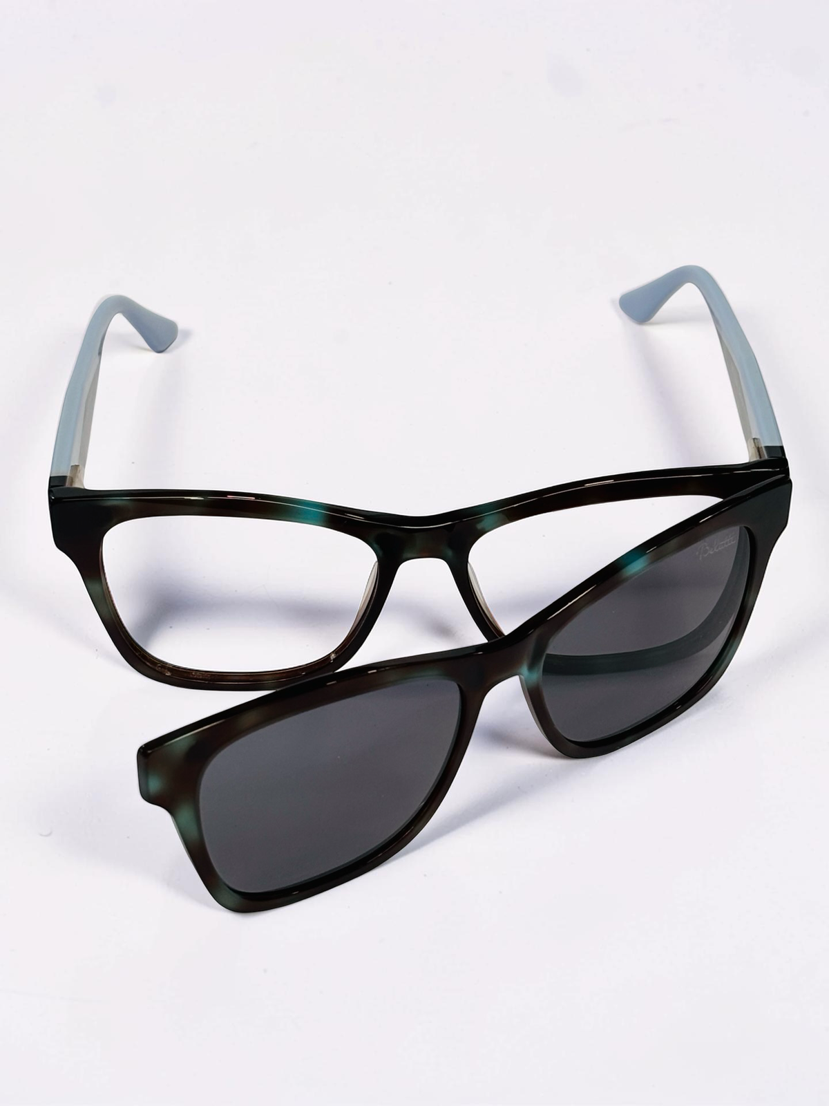Teal tortoiseshell wayfarer frame with polarized clip