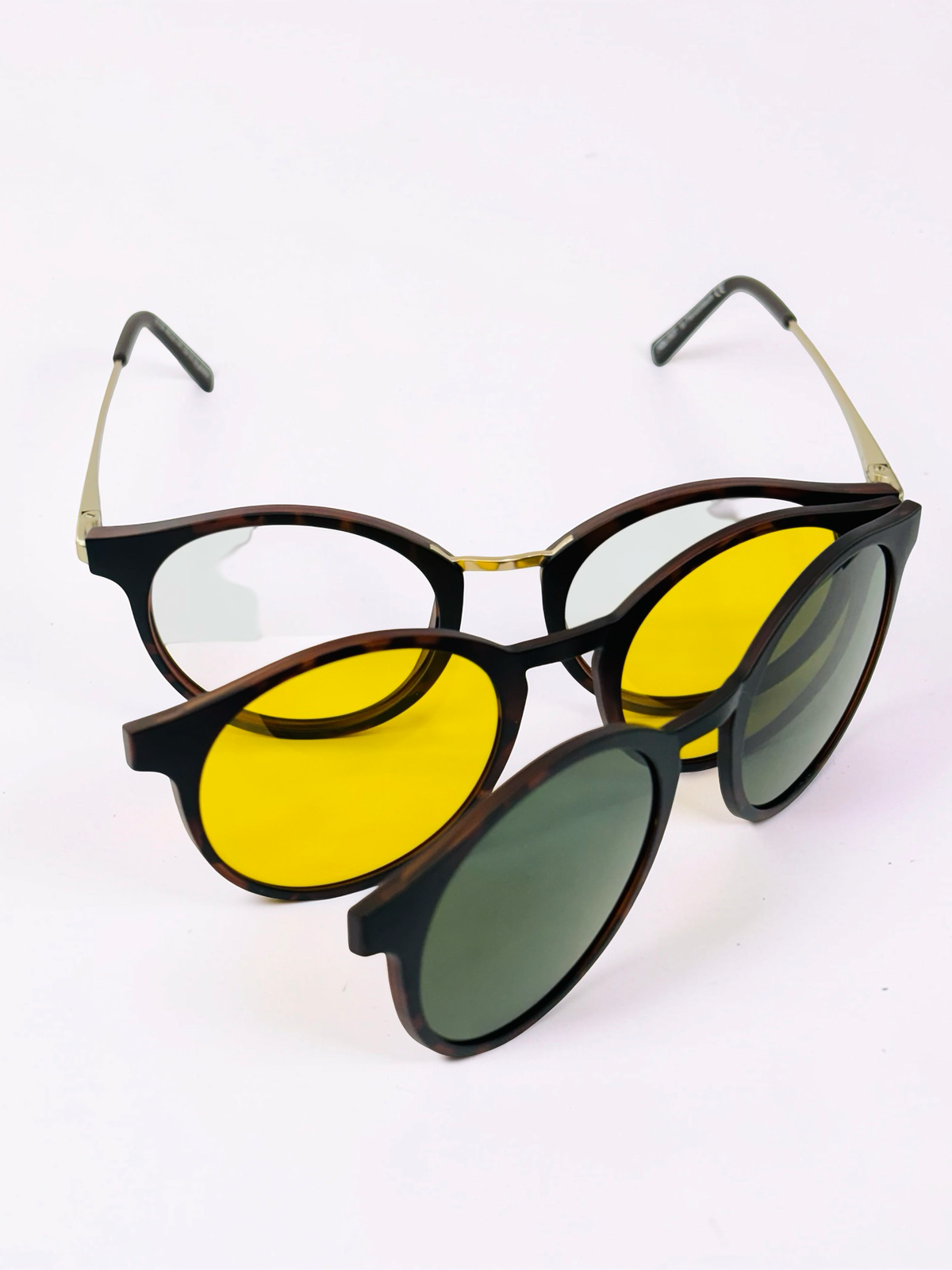 Front view of tortoiseshell round clip-on optical frame