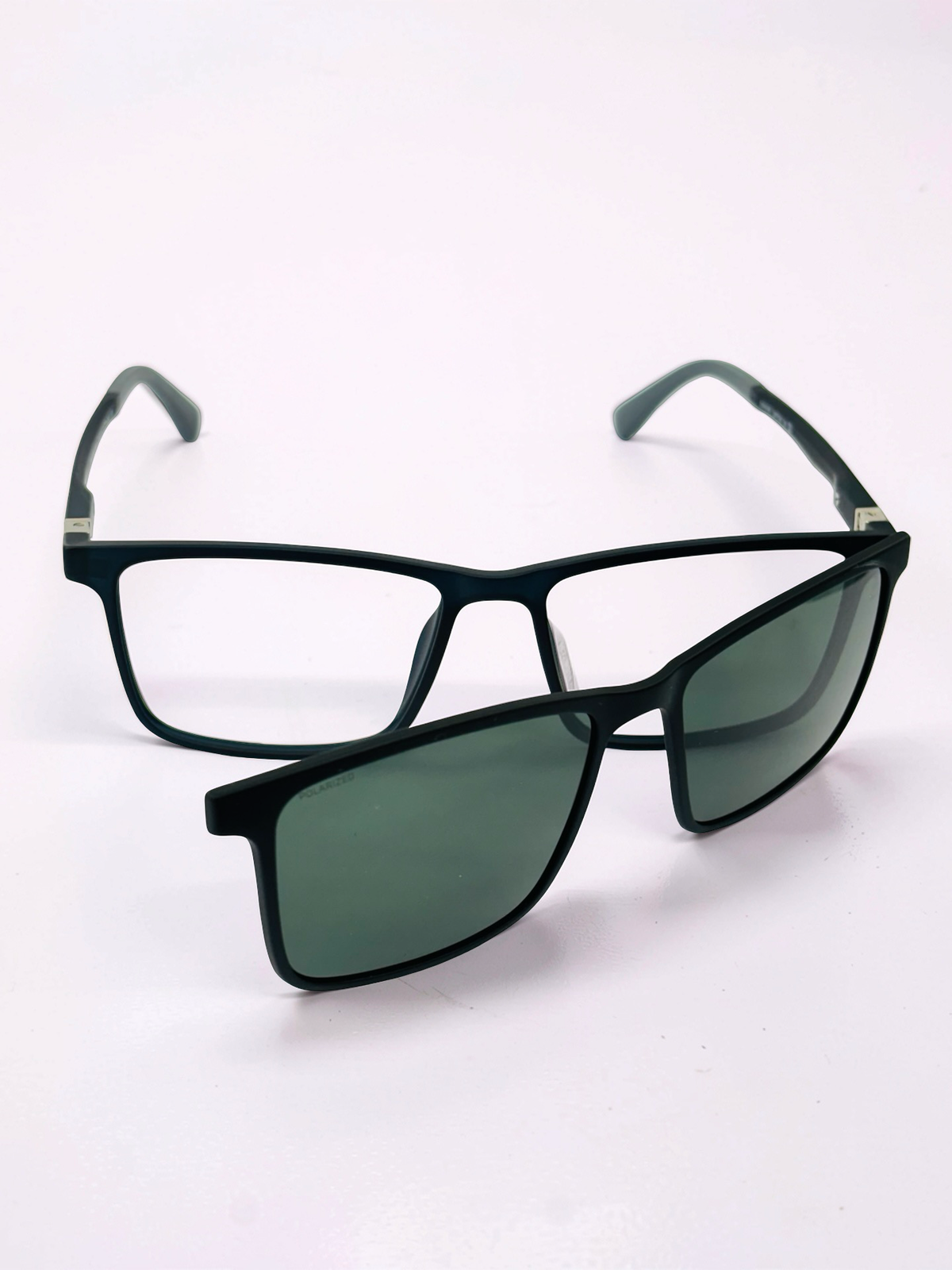 Black square clip-on frame, side view with clip attached