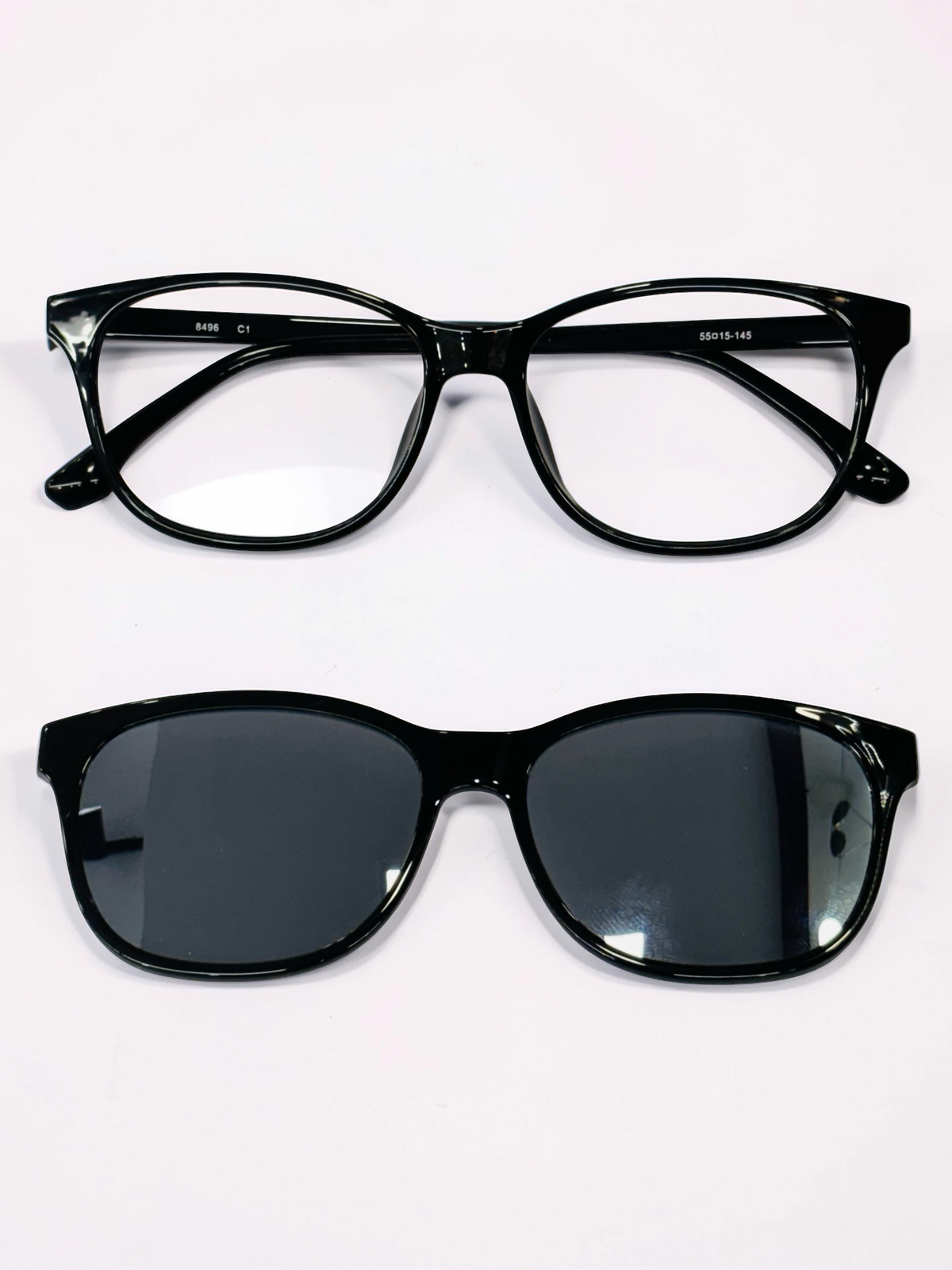 Front view of frame and smoke-grey clip-on lens
