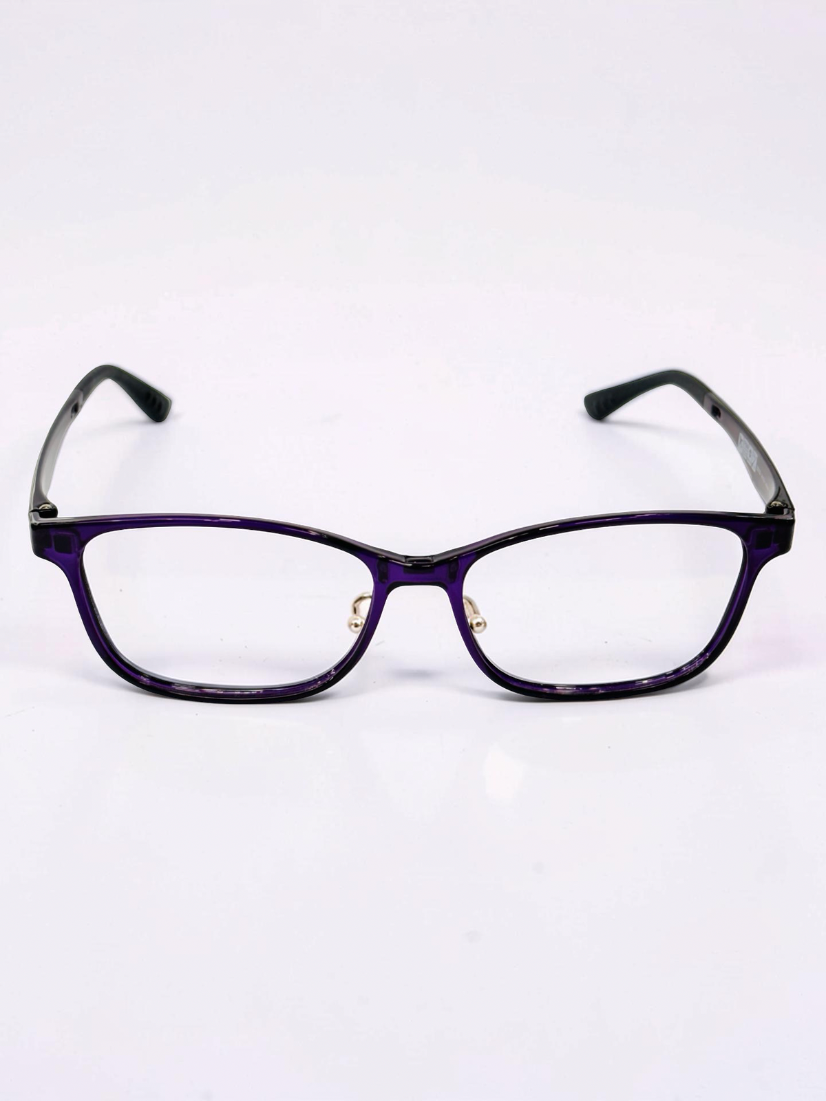 Angled view of purple ULTEM eyeglass frame