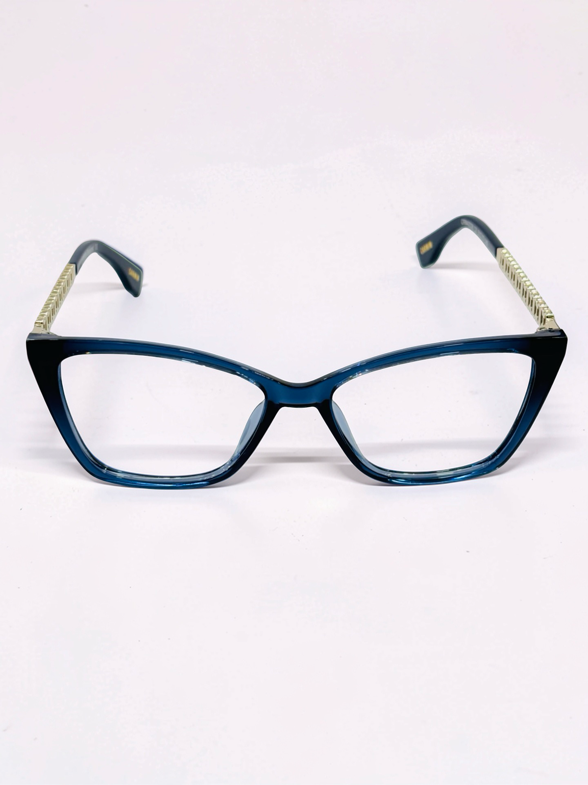 Blue cat-eye frame and detachable polarized sun clip with temple marking