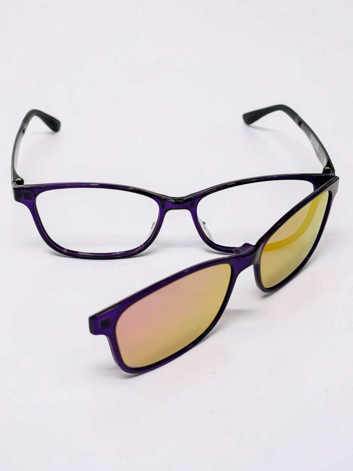 Front view of purple clip-on sunglasses with pink mirrored lenses