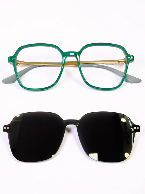 Green-grey geometric clip-on frame with sunglass clip