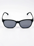 Black rectangular optical frame with smoke-grey clip-on lens attached