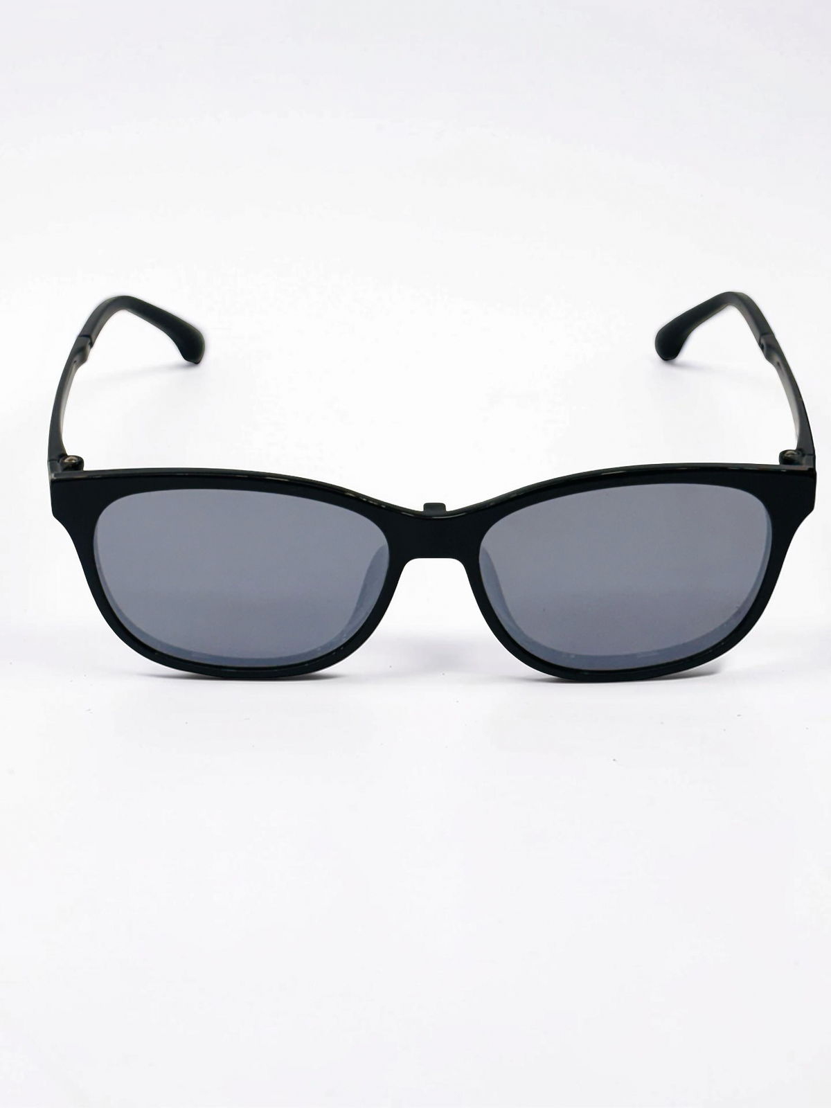 Black rectangular optical frame with smoke-grey clip-on lens attached