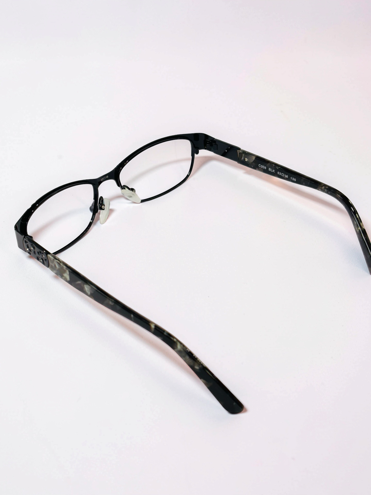 Ladies Black Rectangular Optical Frame with Grey Marble Temples