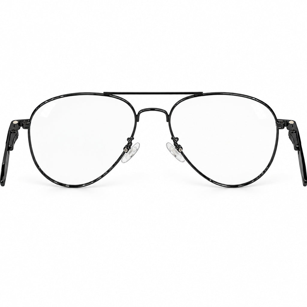 Angled view of the black aviator clip-on frame