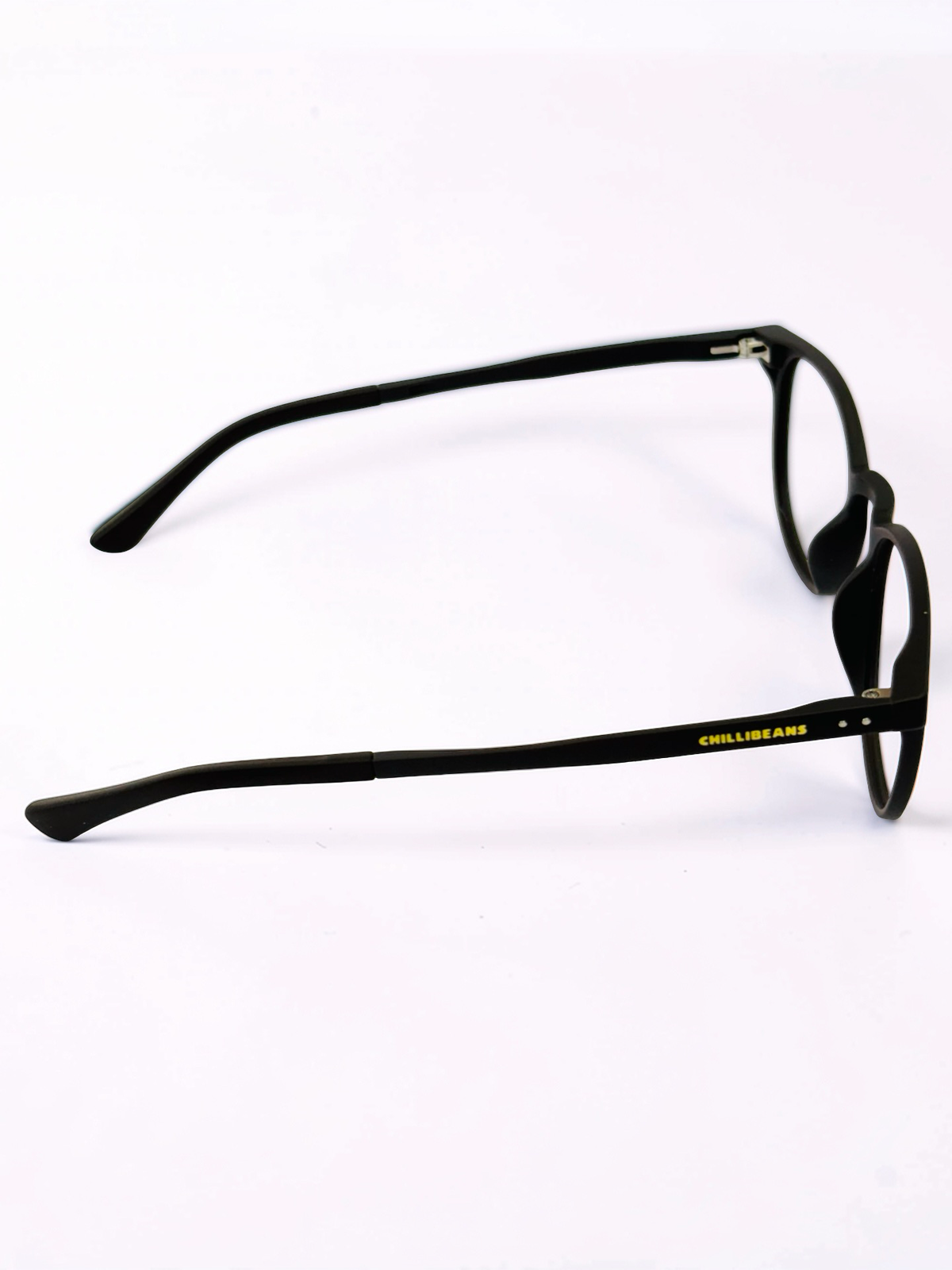 Angled rear view of black frame and temples