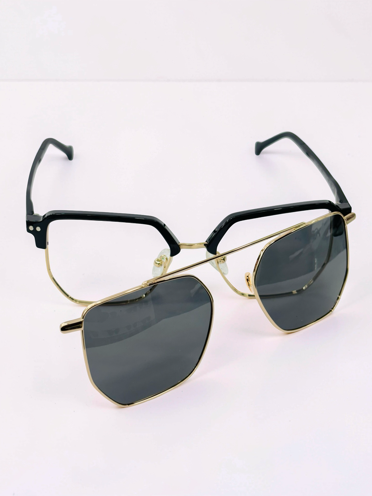 Clip-On Sunglasses - EC641MD | Black & Gold | Geometric Browline | Medium Fit