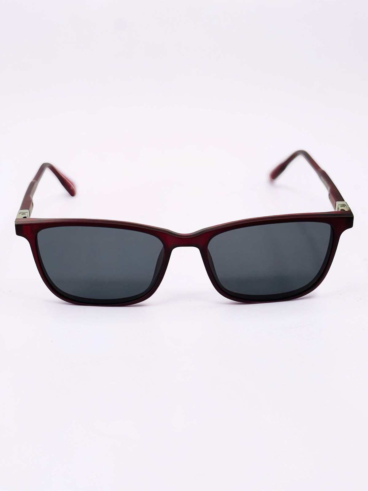 Wine red rectangle frame with dark sunglass clip attached, front view