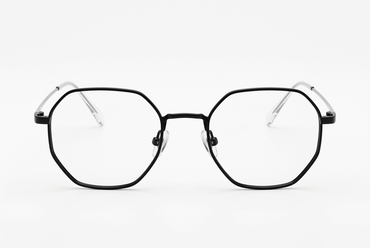 Matte Black Silver Polygon Round Optical Frame - Glow Opticals